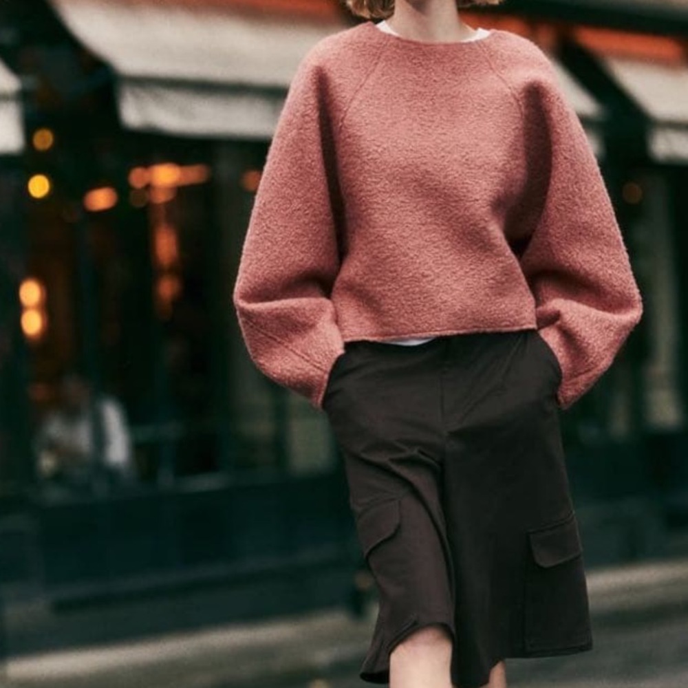 ZARA Pink Boucle Textured Ballon Sleeves Sweater Small Cozy Girly